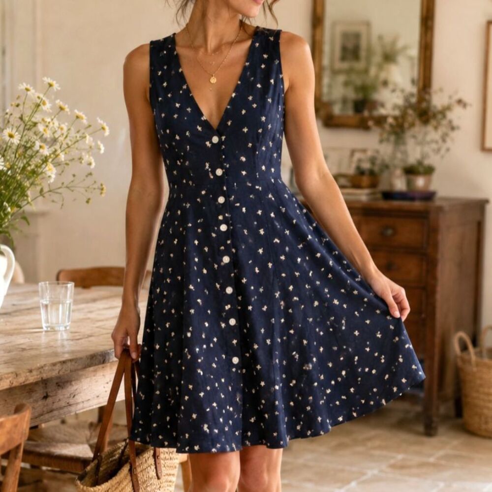 Coastal Cottage Floral Button Front Dress, Fit & Flare, Cottagecore, Medium